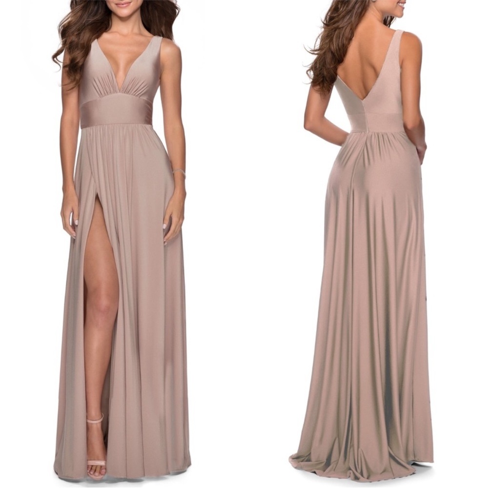 La Femme Plunge Neck A-Line Gown - Picture 1 of 11